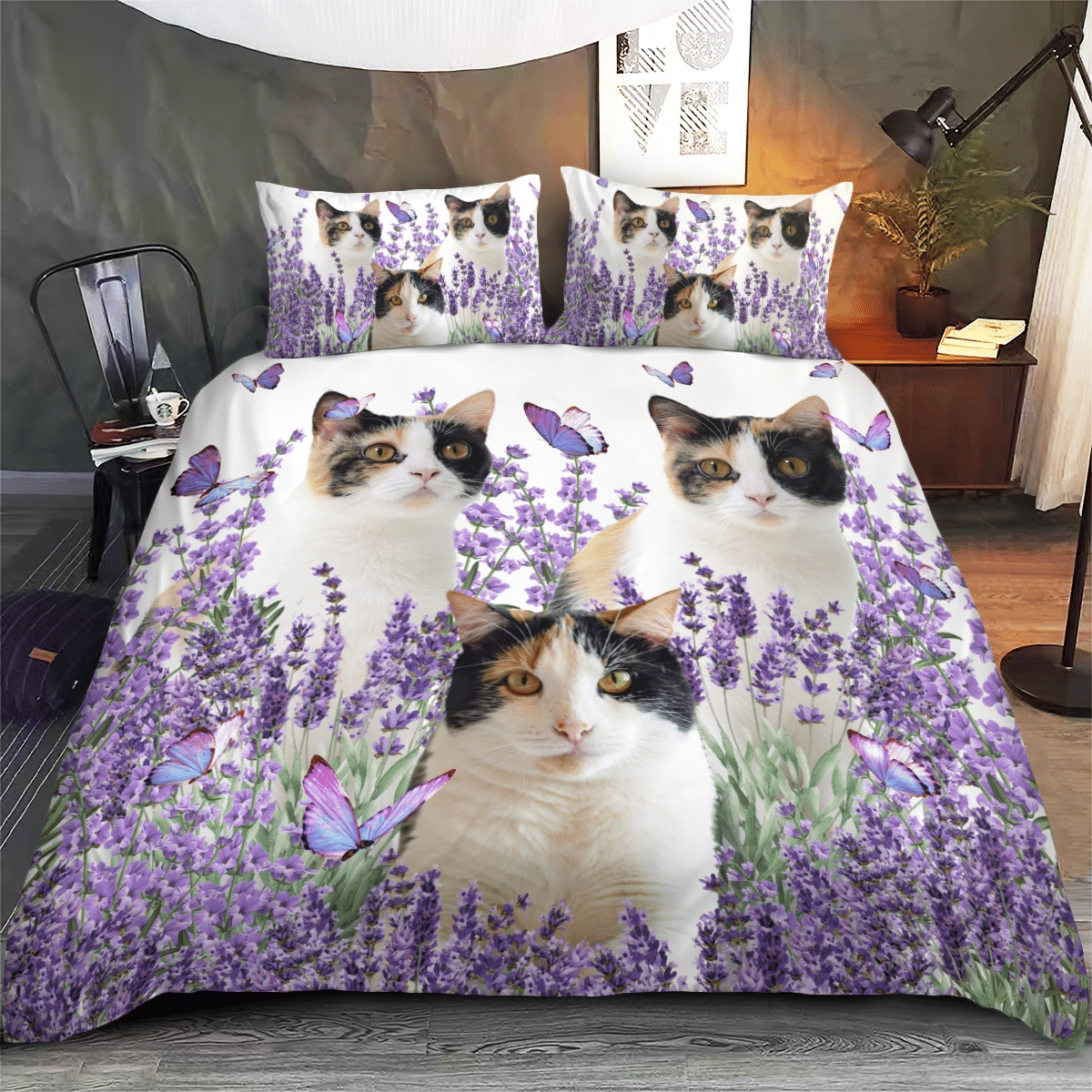 Calico Cat And Lavender Bed Sheets Bedspread Duvet Cover Bedding Set - Unique Anime Apparel for Fans