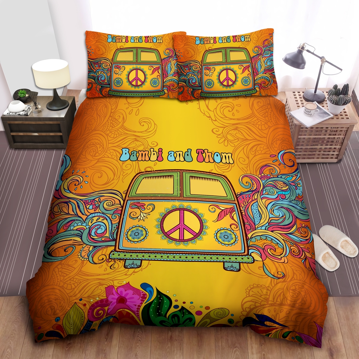 Camper Hippie Orange Personalized Custom Name Duvet Cover Bedding Set - Unique Anime Apparel for Fans