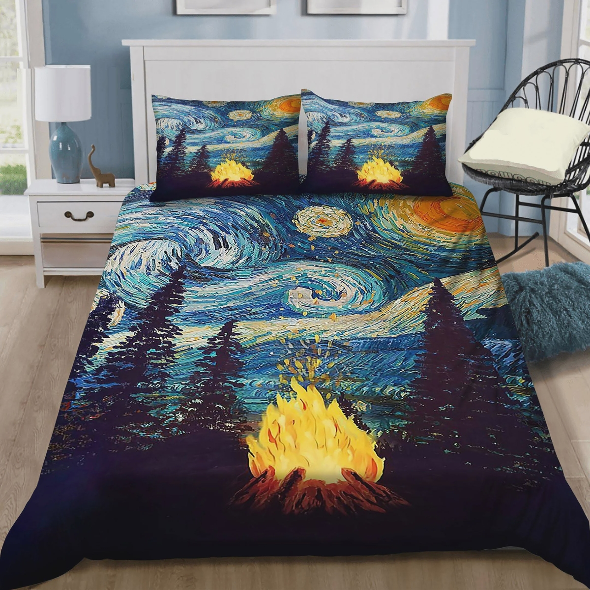 Campfire Starry Night In The Forest Bed Sheets Spread Duvet Cover Bedding Set - Unique Anime Apparel for Fans