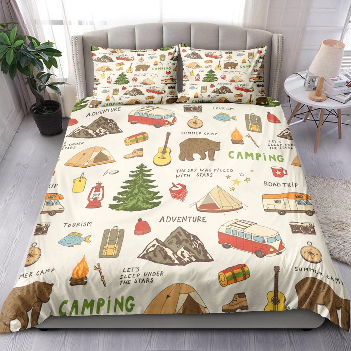 Camping Bear Bedding Set Bed Sheets Spread Duvet Cover Bedding Set - Unique Anime Apparel for Fans