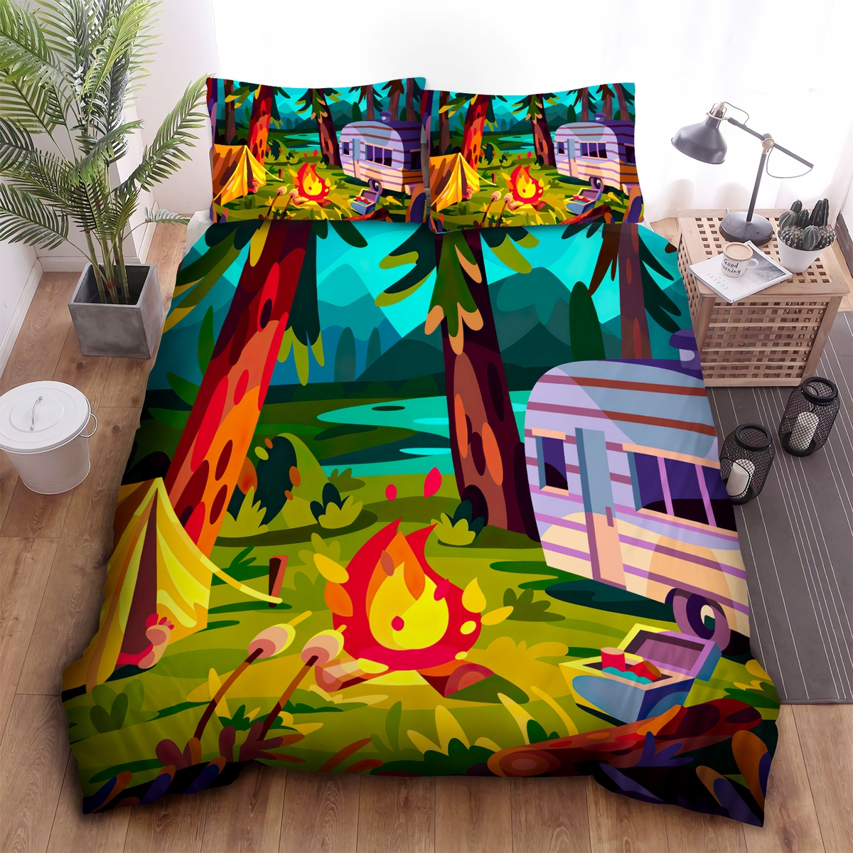 Camping Campfire Bed Sheets Spread Duvet Cover Bedding Set - Unique Anime Apparel for Fans