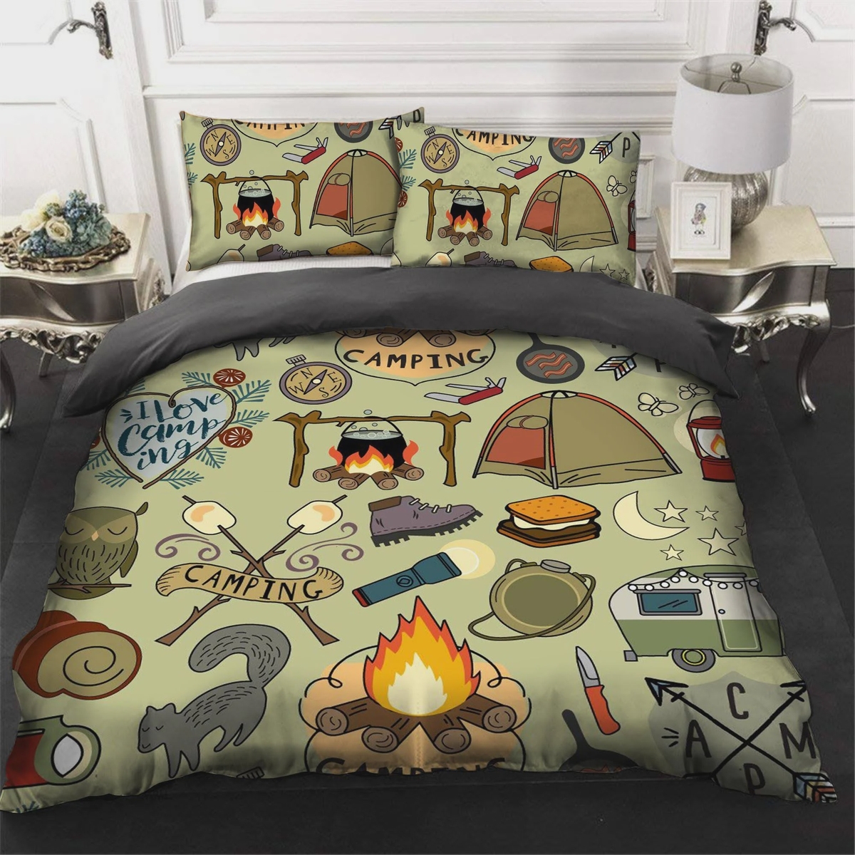Camping Campfire Things Bed Sheets Spread Duvet Cover Bedding Set - Unique Anime Apparel for Fans