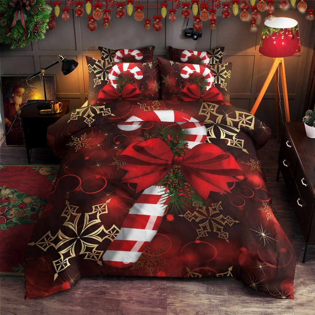 Candy Cane For Christmas Snowflakes Bed Sheets Spread Duvet Cover Bedding Set - Unique Anime Apparel for Fans