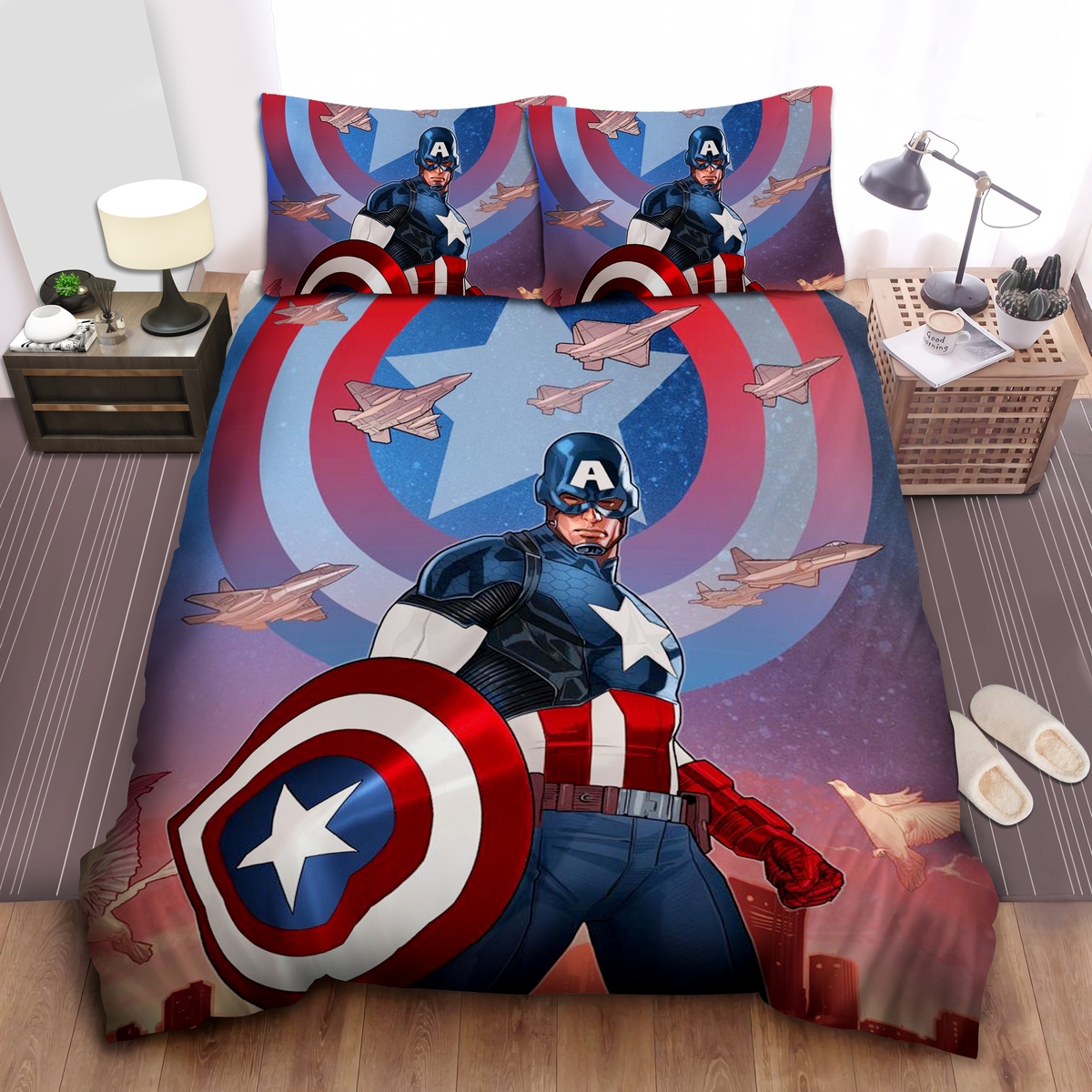 Captain America And Warplanes Bed Sheets Spread Comforter Duvet Cover Bedding Set - Unique Anime Apparel for Fans