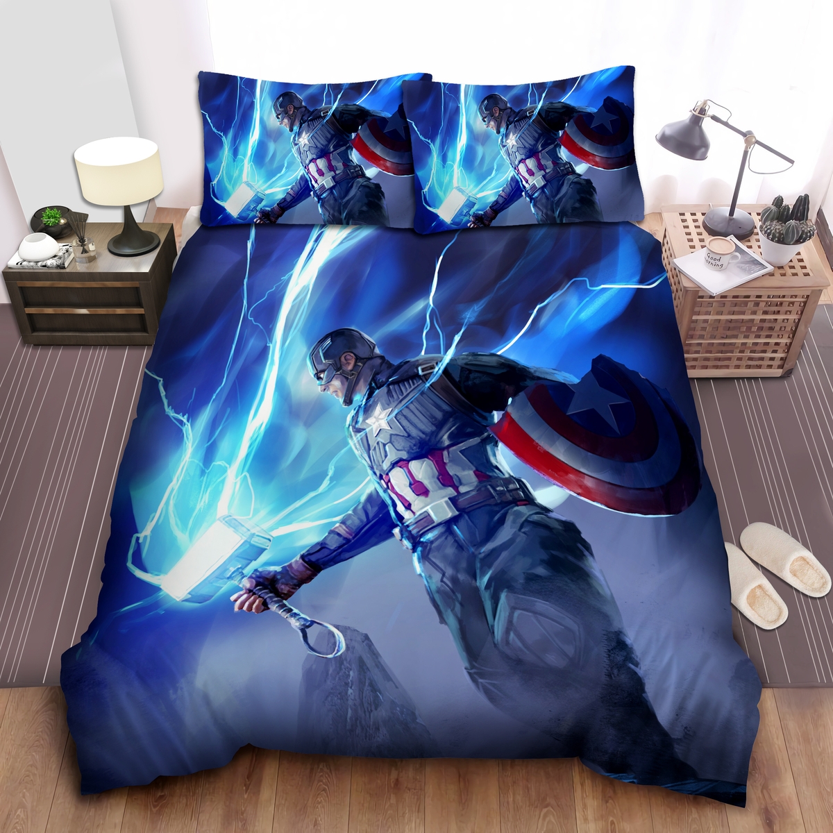 Captain America Lifting Thor's Hammer Bed Sheets Spread Comforter Duvet Cover Bedding Set - Unique Anime Apparel for Fans
