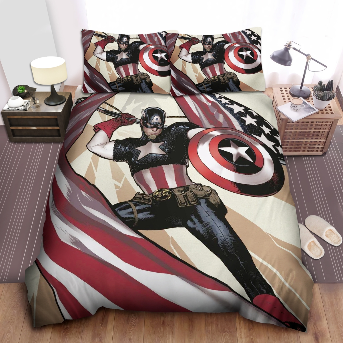 Captain America With American Flag Bed Sheets Spread Duvet Cover Bedding Set - Unique Anime Apparel for Fans
