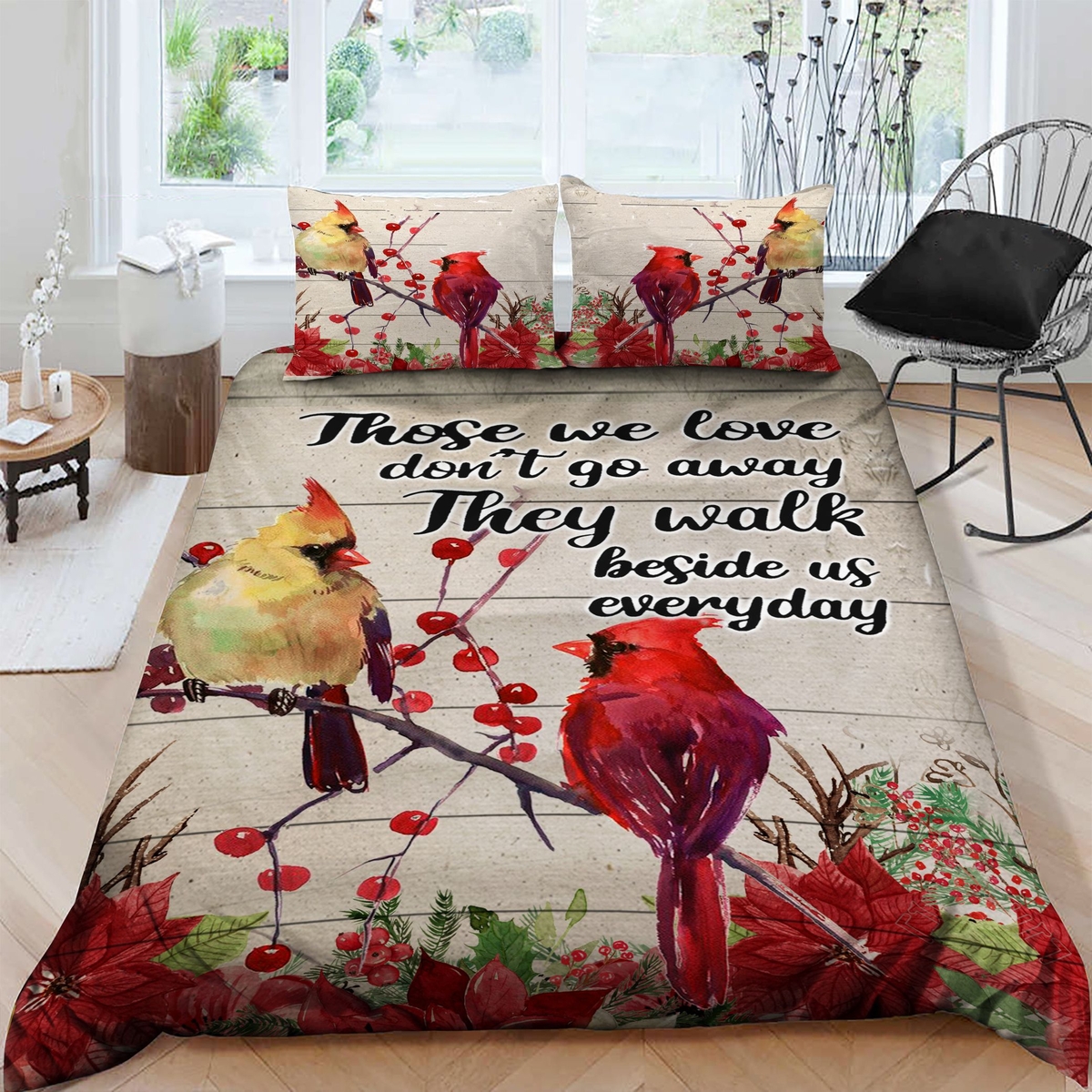 Cardinal Those We Love Don't Go Away They Walk Beside Us Everyday Bed Sheets Spread Comforter Duvet Cover Bedding Set - Unique Anime Apparel for Fans