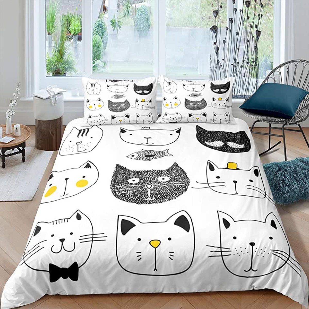 Cartoon Cats Faces Pattern Bed Sheets Duvet Cover Bedding Set - Unique Anime Apparel for Fans