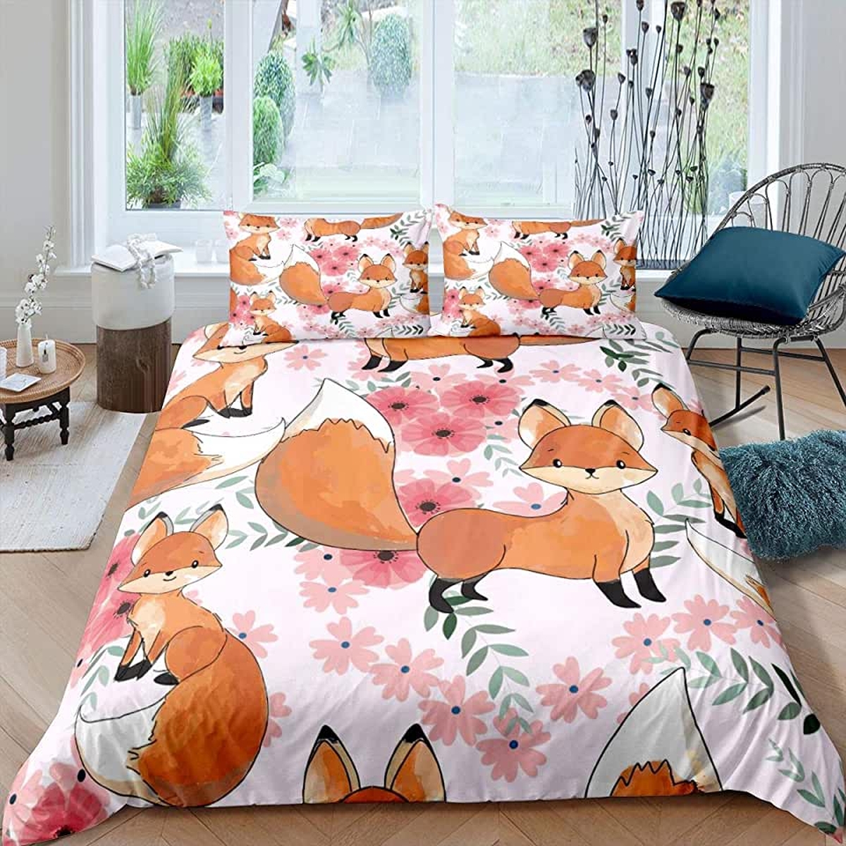 Cartoon Fox With Floral Bed Sheets Duvet Cover Bedding Set - Unique Anime Apparel for Fans