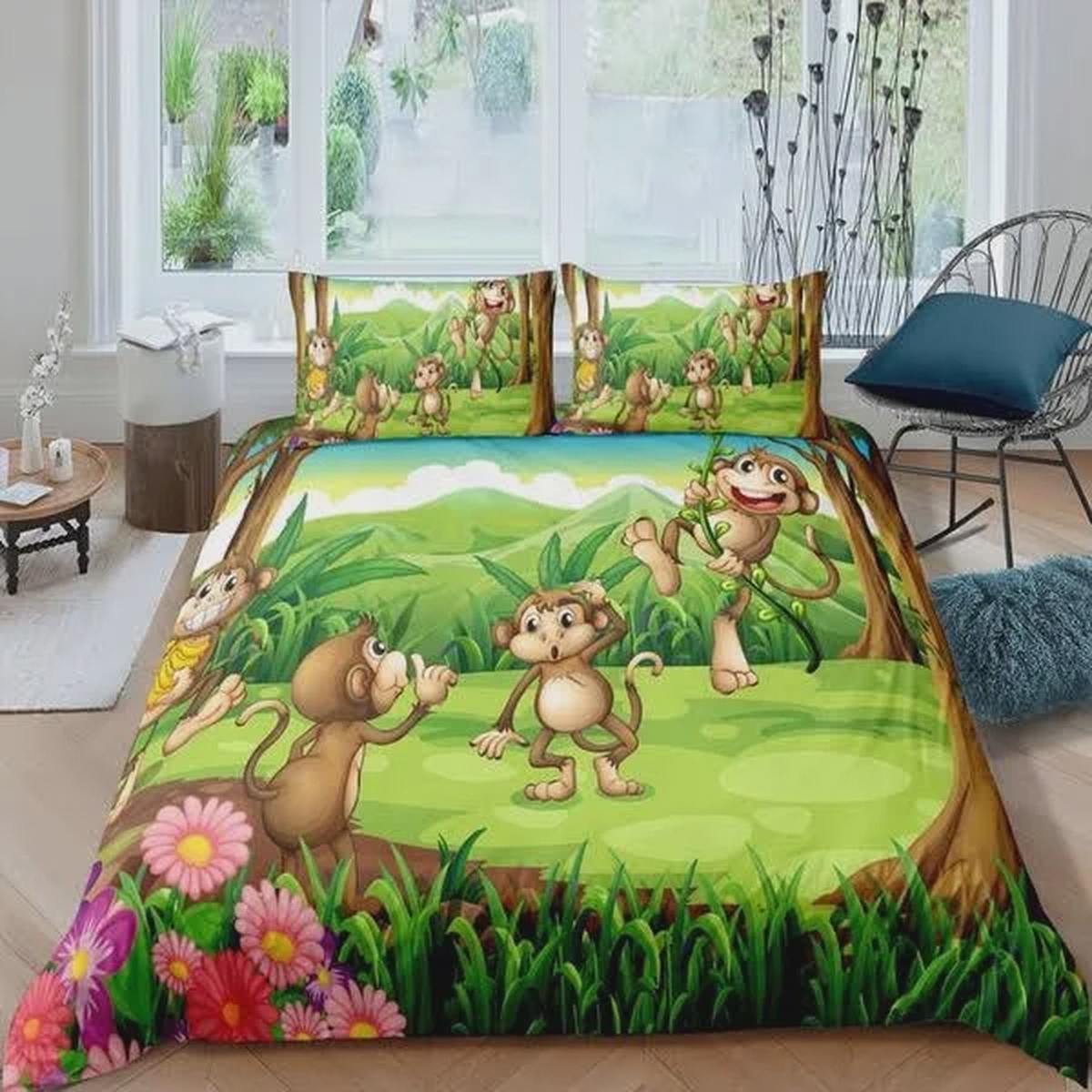 Cartoon Monkey In The Green Forest Bed Sheets Spread Duvet Cover Bedding Set - Unique Anime Apparel for Fans