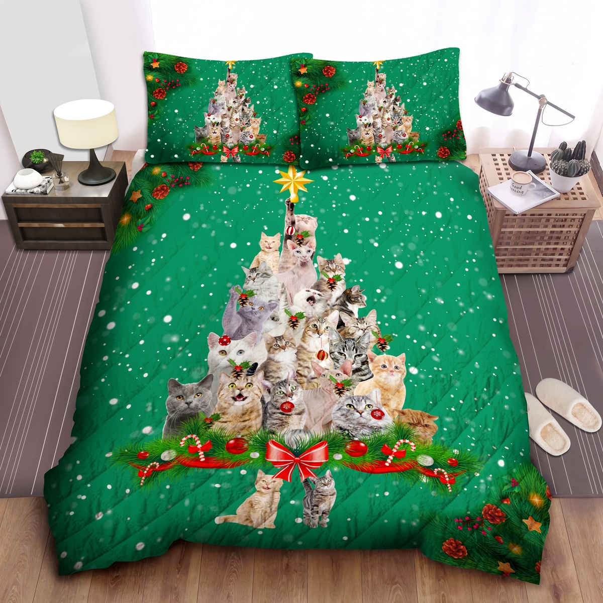 Cat Christmas Style Quilt Bedding Set - Unique Anime Apparel for Fans
