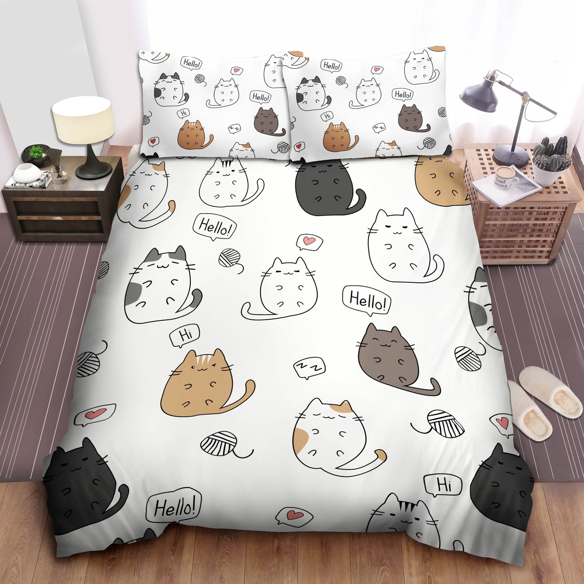 Cat Hello Bed Sheets Spread Duvet Cover Bedding Set - Unique Anime Apparel for Fans