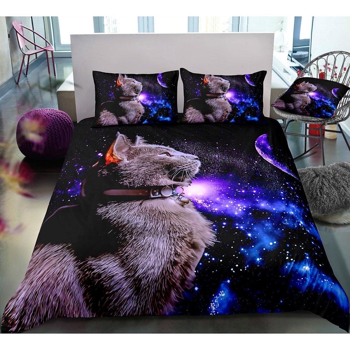 Cat In Galaxy Space Bedding Set Bed Sheets Spread Duvet Cover Bedding Set - Unique Anime Apparel for Fans