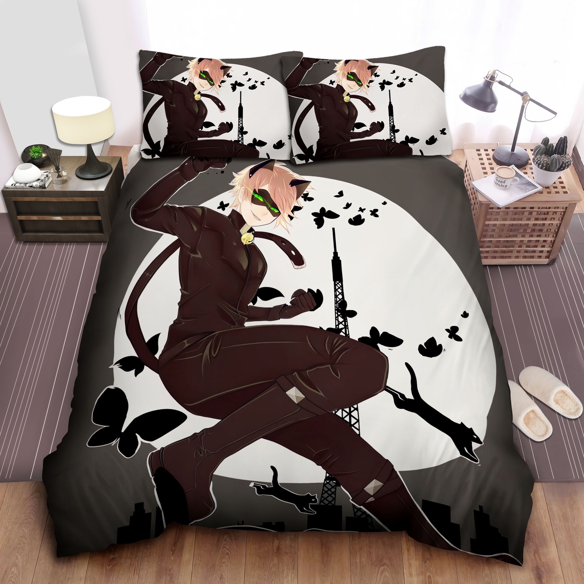 Cat Noir In Anime Art Style Bed Sheets Spread Duvet Cover Bedding Set - Unique Anime Apparel for Fans