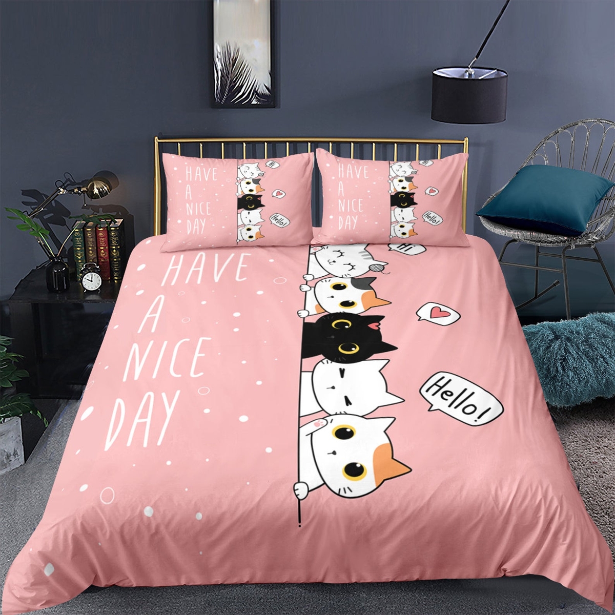 Cats Pattern Have A Nice Day Pink Bedding Set Bed Sheets Spread Duvet Cover Bedding Set - Unique Anime Apparel for Fans