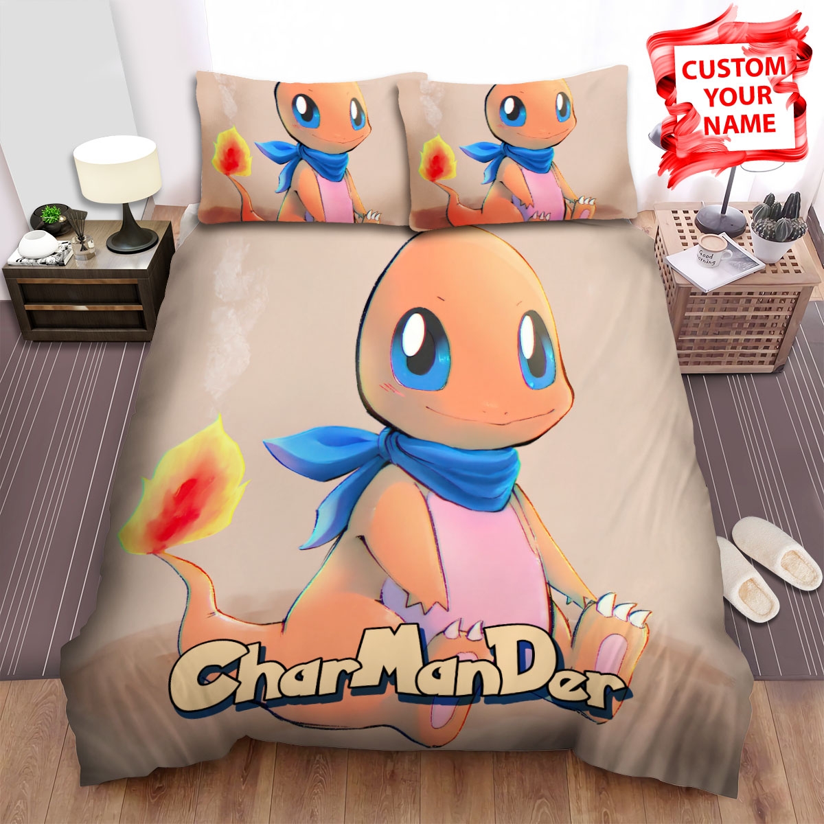 Charmander With Blue Scarf Bed Sheets Spread Duvet Cover Bedding Set - Unique Anime Apparel for Fans