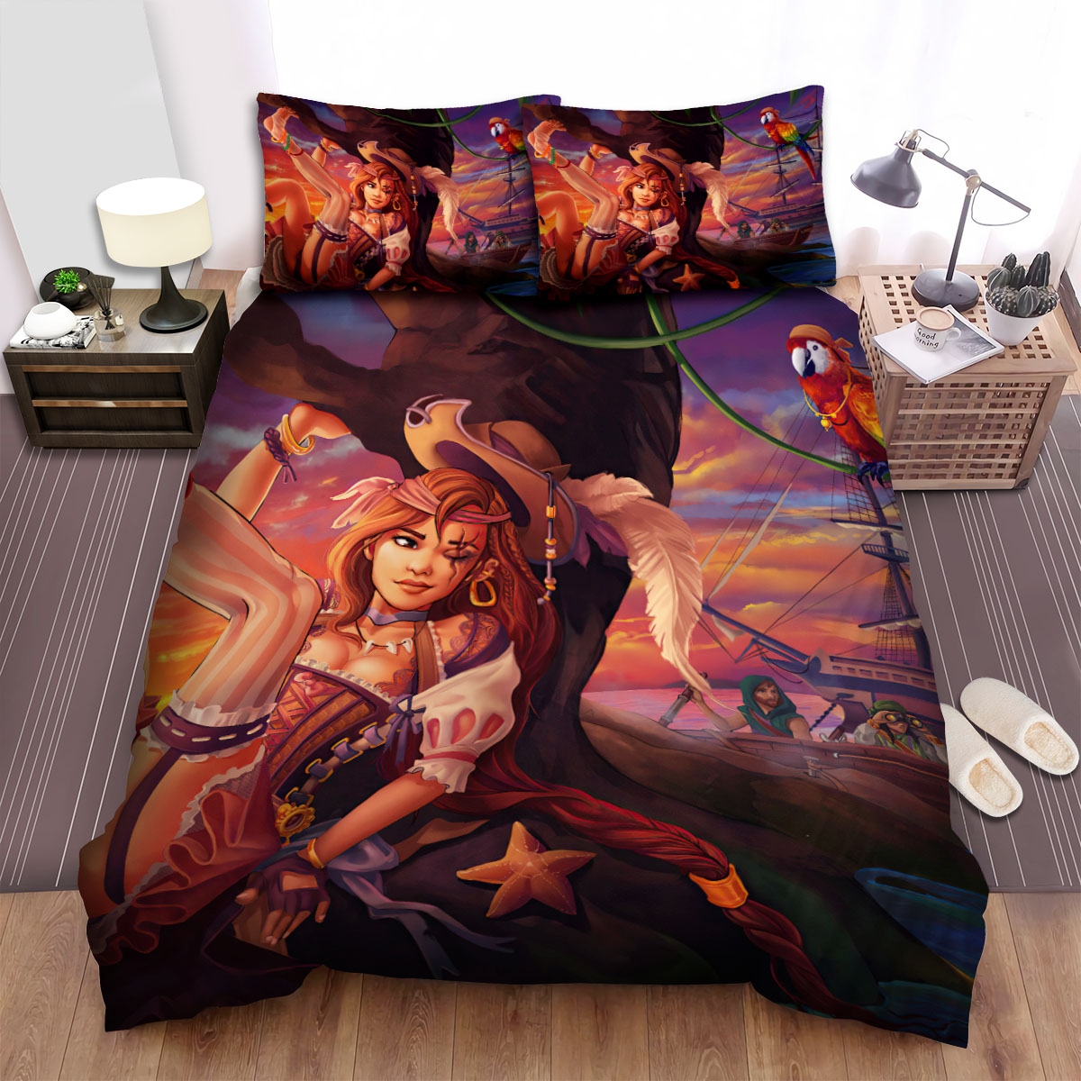 Charming Pirate Lady On Treasure Island Bed Sheets Spread Duvet Cover Bedding Set - Unique Anime Apparel for Fans