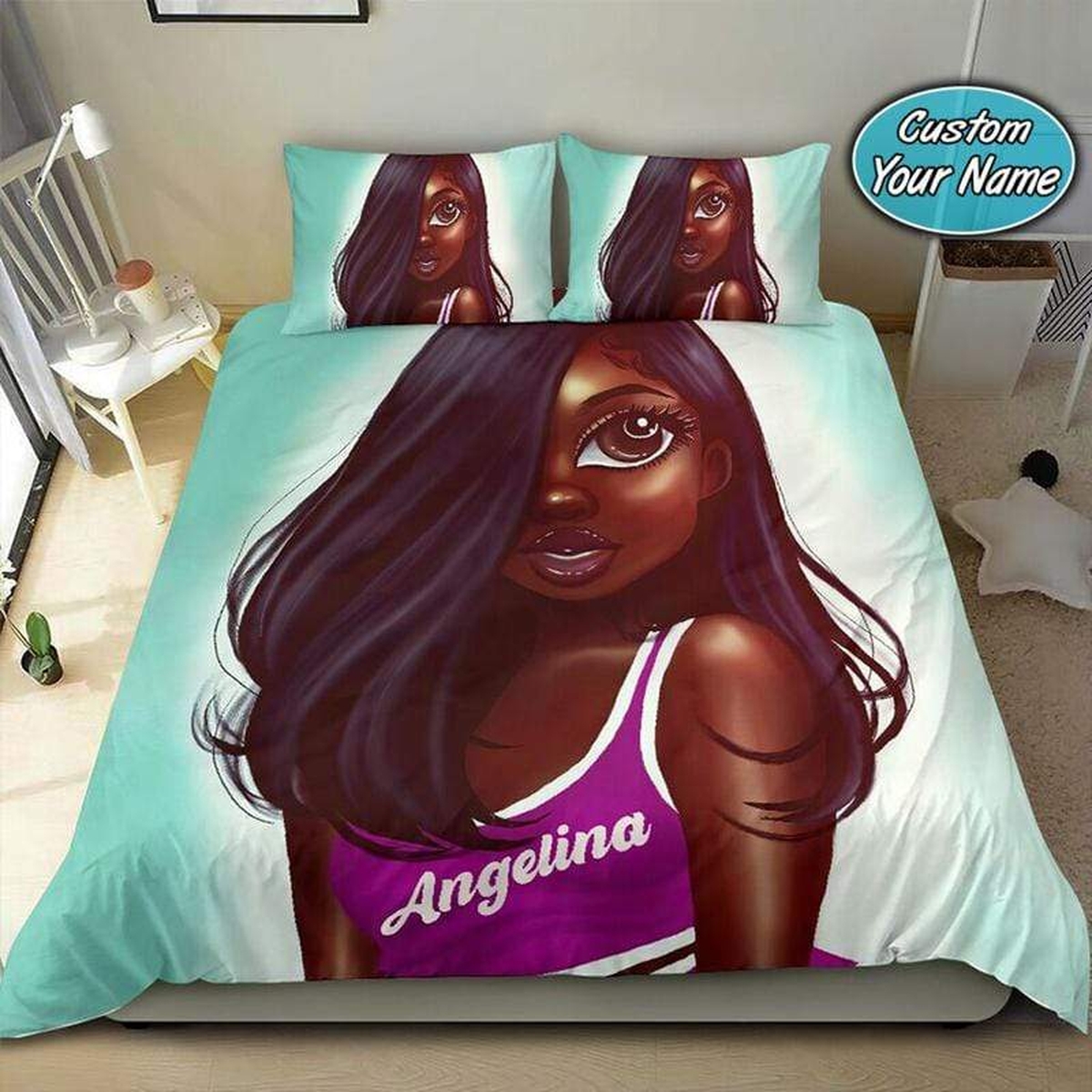 Charming Sporty Black Girl Custom Name Duvet Cover Bedding Set - Unique Anime Apparel for Fans