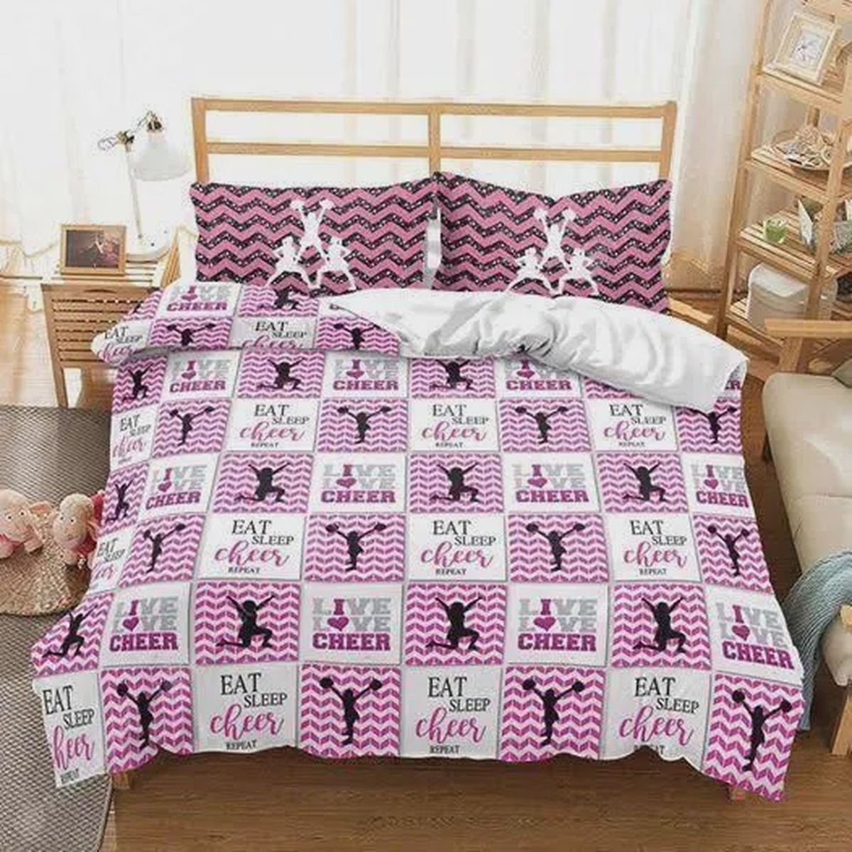 Cheerleading Eat Sleep Cheer Repeat Bed Sheets Spread Duvet Cover Bedding Set - Unique Anime Apparel for Fans