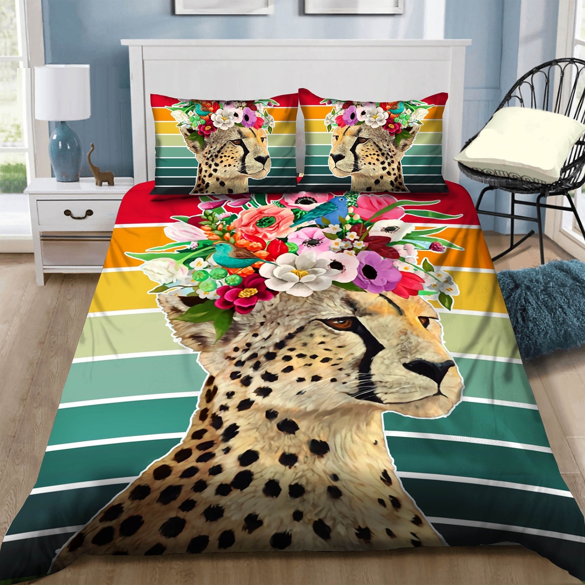 Cheetah Wearing Flowers Bed Sheets Spread Duvet Cover Bedding Set - Unique Anime Apparel for Fans