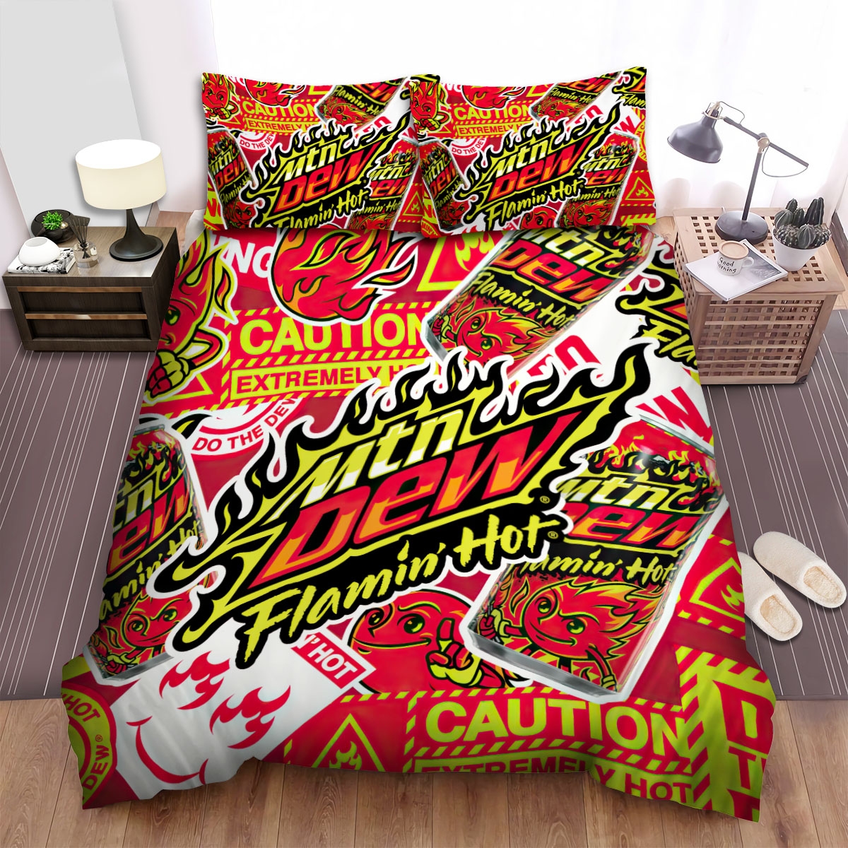 Cheetos & Mountain Dew Flaming Hot Collaboration Bed Sheets Spread Duvet Cover Bedding Set - Unique Anime Apparel for Fans