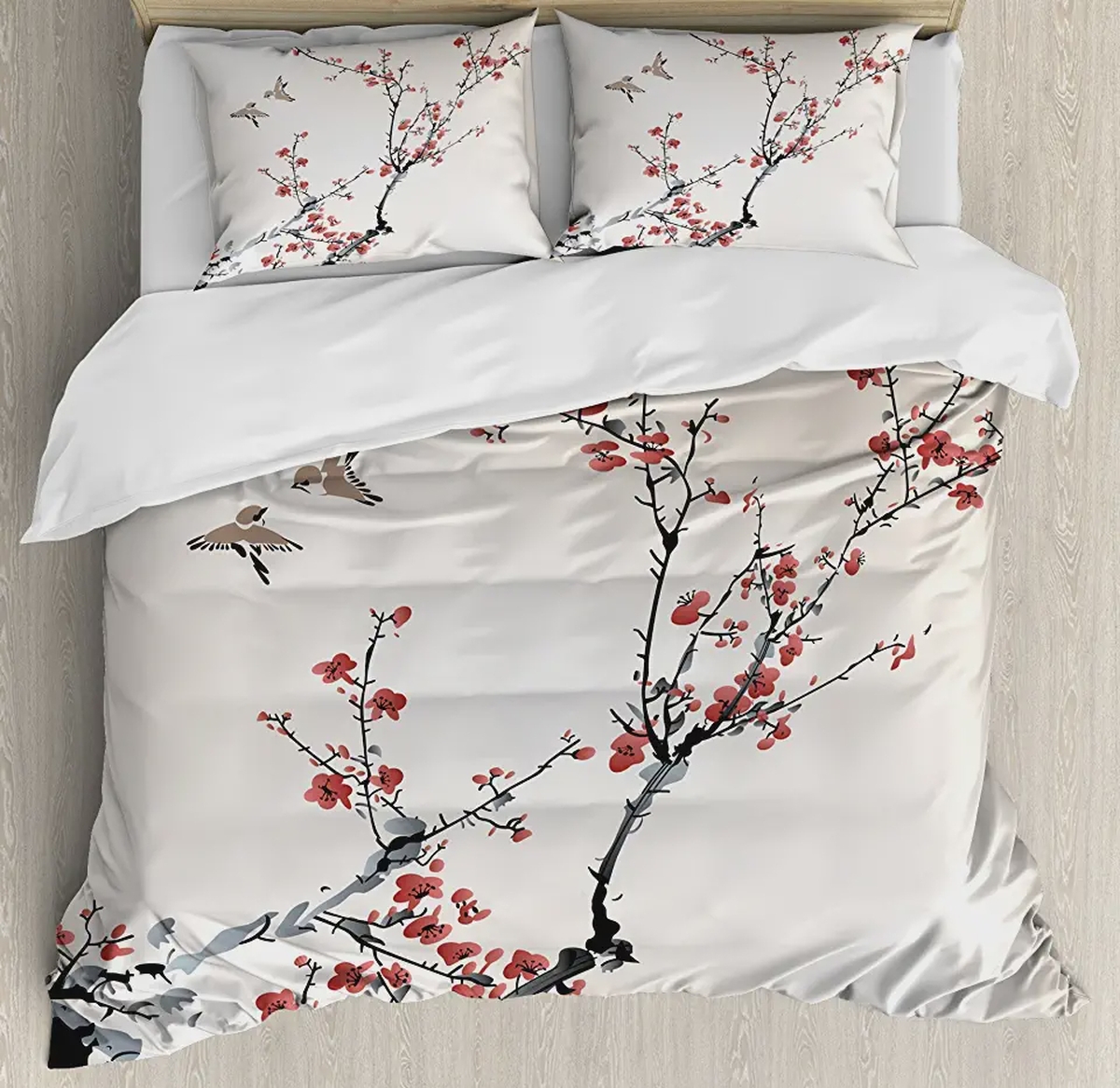 Cherry Branches Flowers Buds and Birds Style Artwork Bed Sheets Spread Duvet Cover Bedding Set - Unique Anime Apparel for Fans