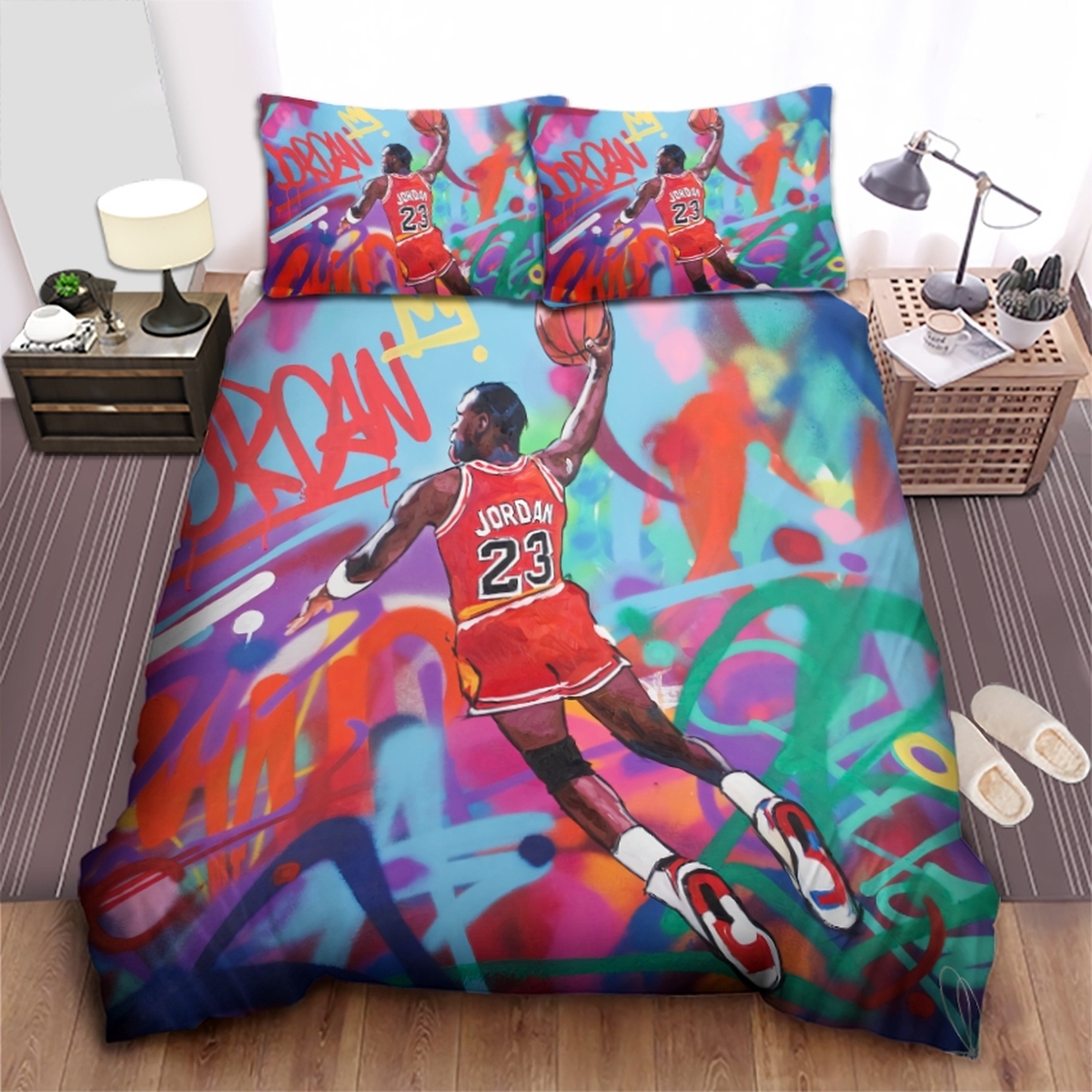 Chicago Bulls Michael Jordan Dunking On Graffiti Theme Bed Sheet Spread Duvet Cover Bedding Set - Unique Anime Apparel for Fans