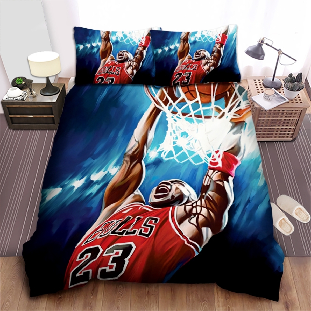 Chicago Bulls Michael Jordan Powerful Dunk Illustration Bed Sheet Spread Duvet Cover Bedding Set - Unique Anime Apparel for Fans