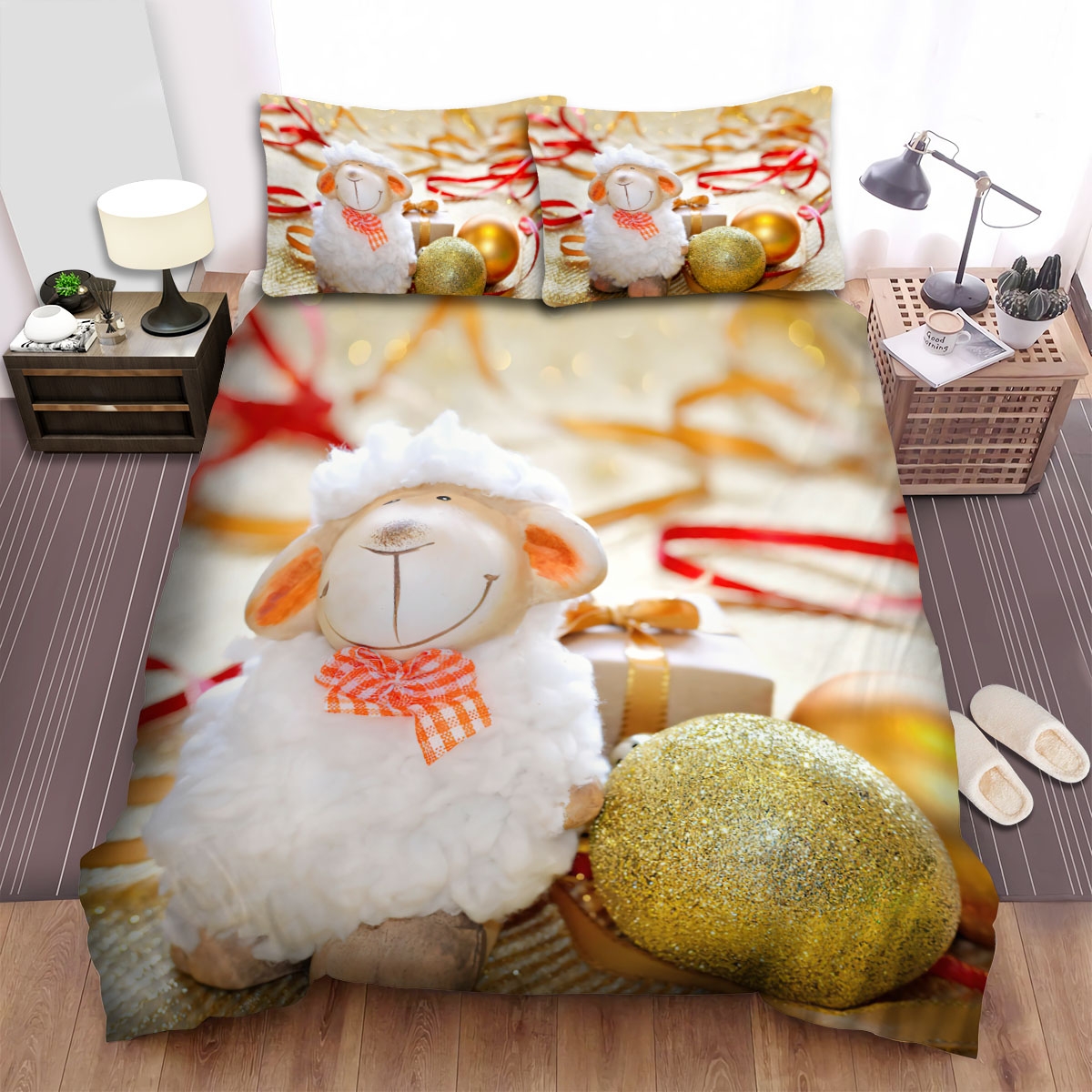 Christmas Art. Happy Sheep Decoration Ball Bed Sheets Spread Duvet Cover Bedding Set - Unique Anime Apparel for Fans
