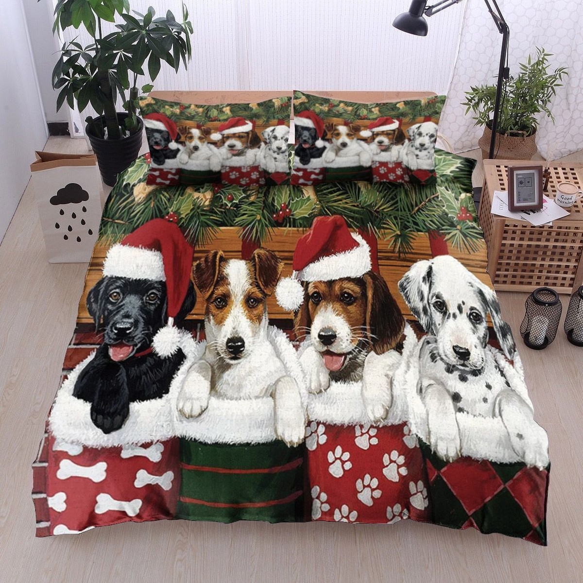 Christmas Dogs In Socks Bed Sheets Duvet Cover Bedding Set Great Gifts For Birthday Christmas Thanksgiving - Unique Anime Apparel for Fans
