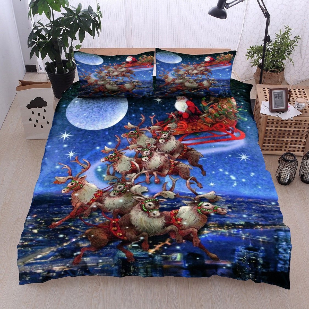 Christmas Night Santa Reindeer Sleigh Bed Sheets Spread Duvet Cover Bedding Set - Unique Anime Apparel for Fans