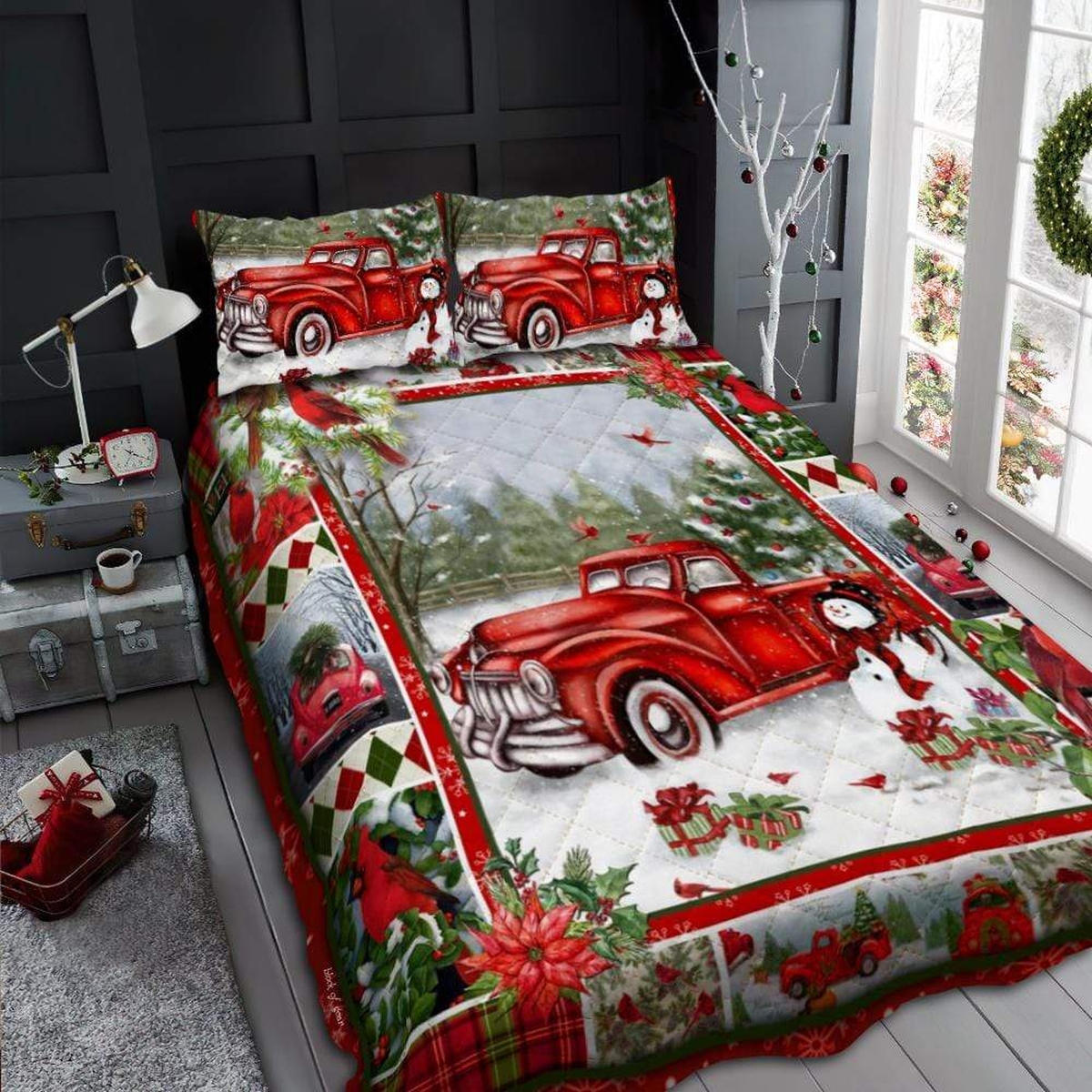 Christmas Red Truck Bed Sheets Spread Duvet Cover Bedding Set - Unique Anime Apparel for Fans