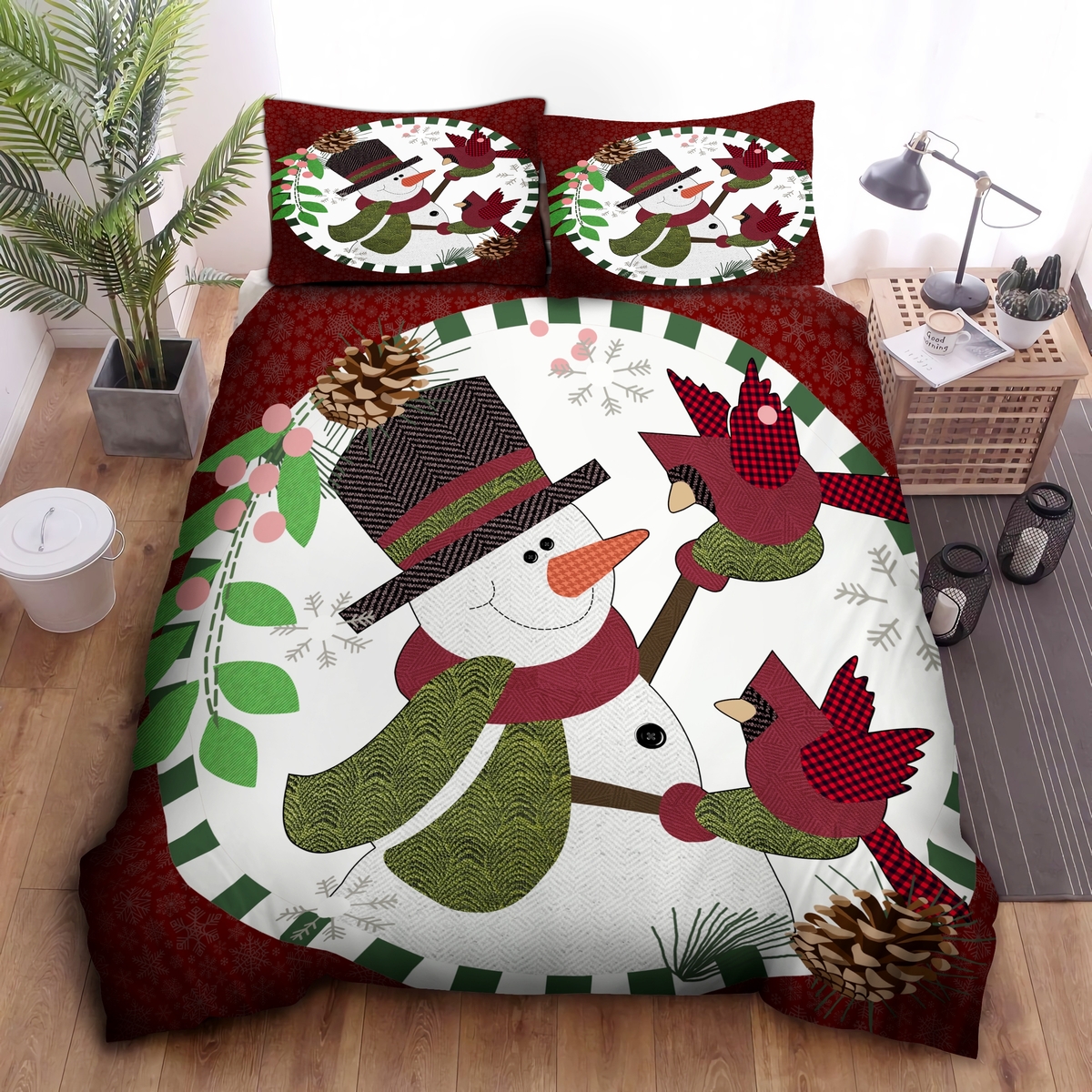Christmas Snowman With Red Bird Bed Sheets Spread Duvet Cover Bedding Set - Unique Anime Apparel for Fans