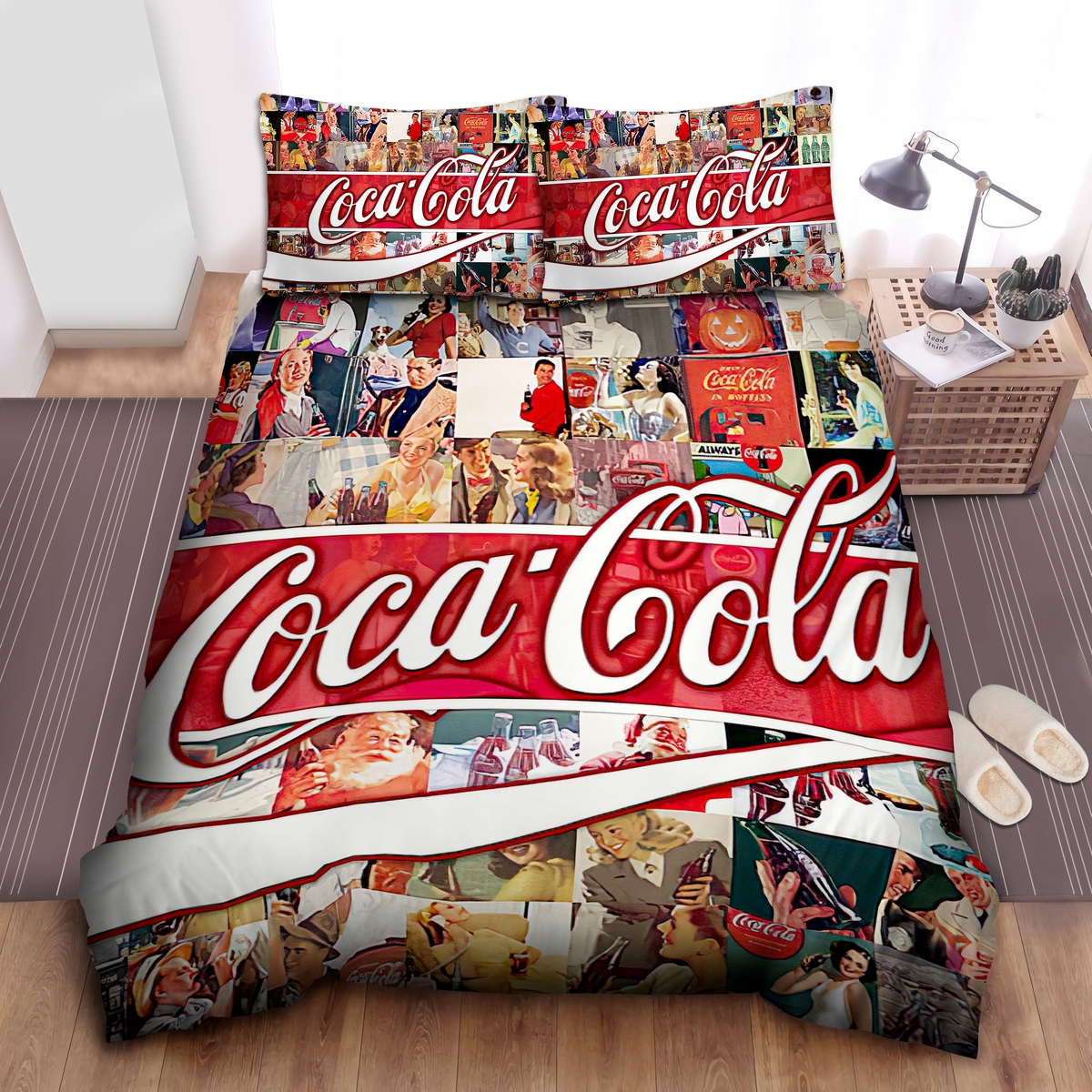 Coca-Cola Logo In Advertising Drink Background Bed Sheets Spread Duvet Cover Bedding Set - Unique Anime Apparel for Fans