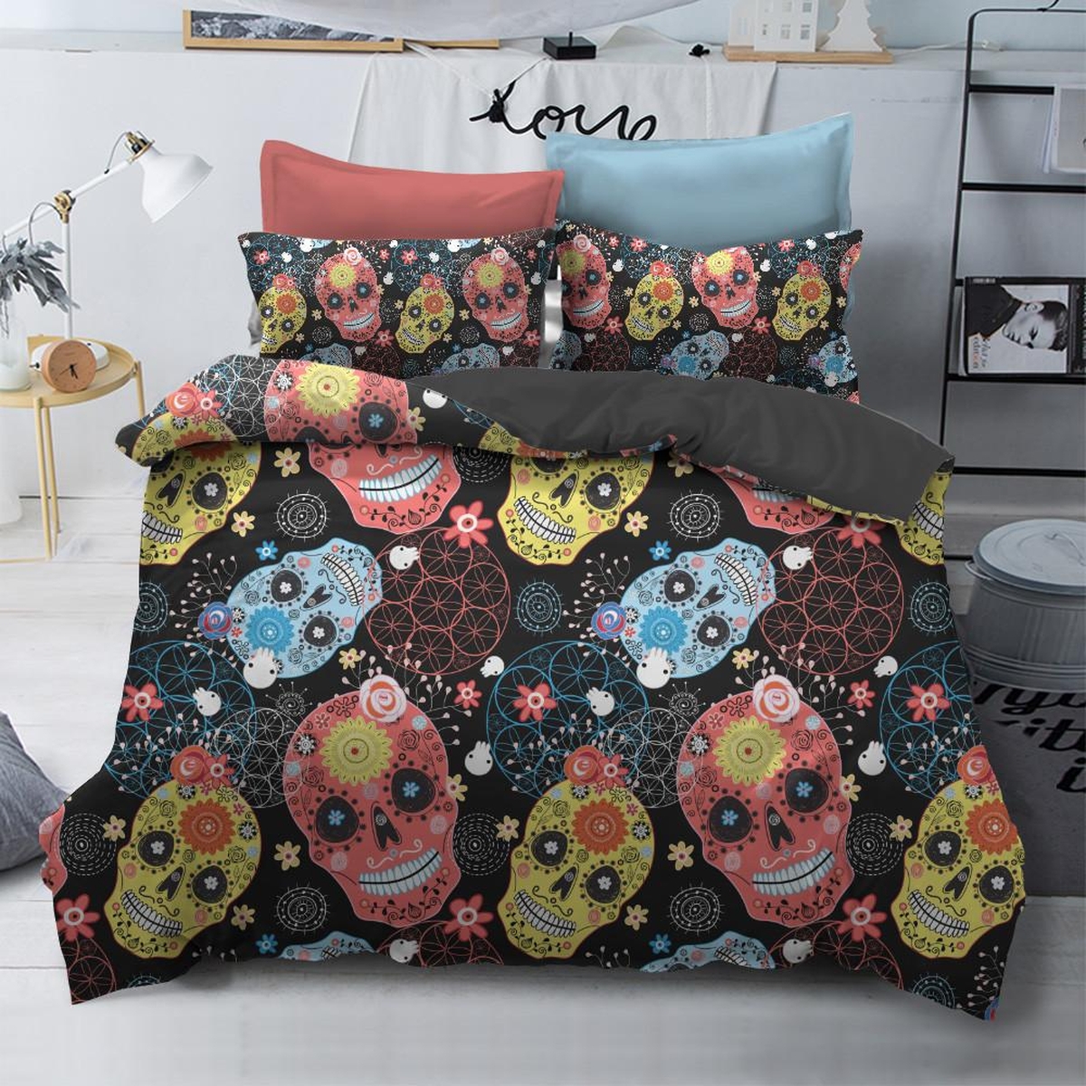 Colored Sugar Skulls Bed Sheets Spread Comforter Duvet Cover Bedding Set - Unique Anime Apparel for Fans