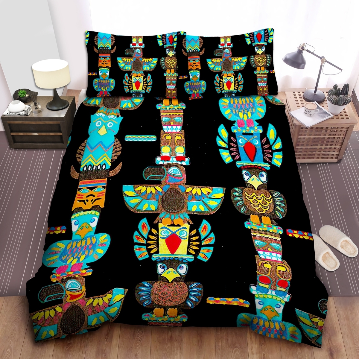 Colorful Native American Totem Poles Painting On Black Bed Sheets Spread Duvet Cover Bedding Set - Unique Anime Apparel for Fans