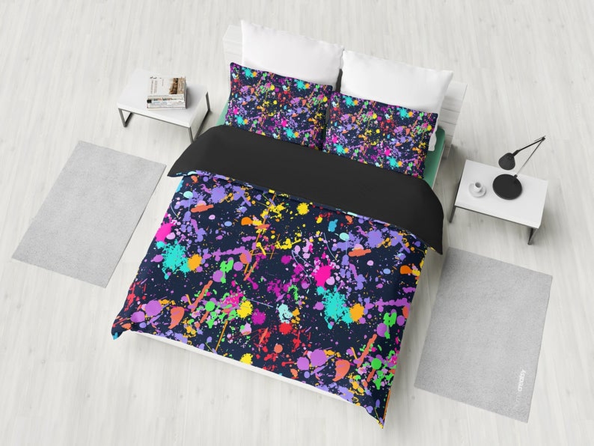 Colorful Paint Splatter Abstract Art Black Duvet Cover Bedding Set - Unique Anime Apparel for Fans
