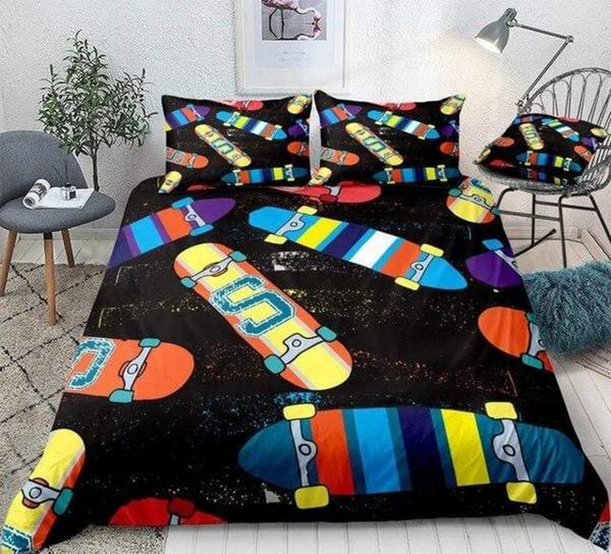 Colorful Skateboard Bed Sheets Spread Duvet Cover Bedding Set - Unique Anime Apparel for Fans