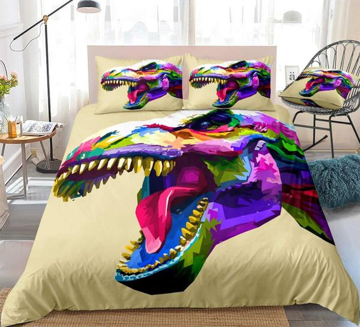 Colorful T-Rex Bed Sheets Spread Duvet Cover Bedding Set - Unique Anime Apparel for Fans