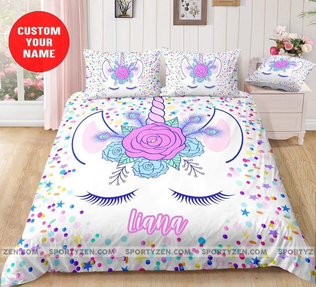 Colorful Unicorn Polka Dot Pastel Custom Name Duvet Cover Bedding Set - Unique Anime Apparel for Fans