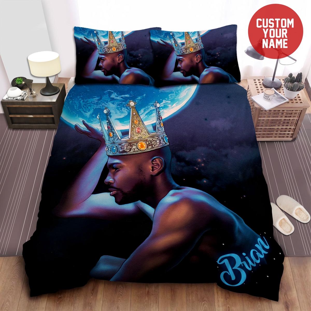 Cool Black Boy Black King Crown Holding The Earth Afro Boy Custom Name Duvet Cover Bedding Set - Unique Anime Apparel for Fans