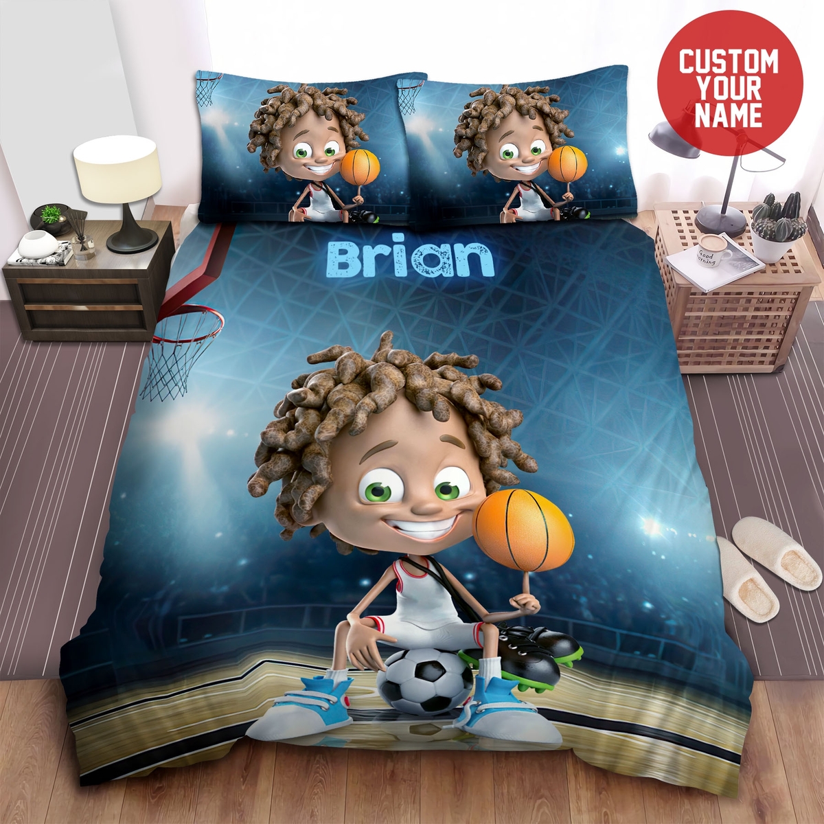 Cool Black Boy Loving Sports Afro Boy Custom Name Duvet Cover Bedding Set - Unique Anime Apparel for Fans