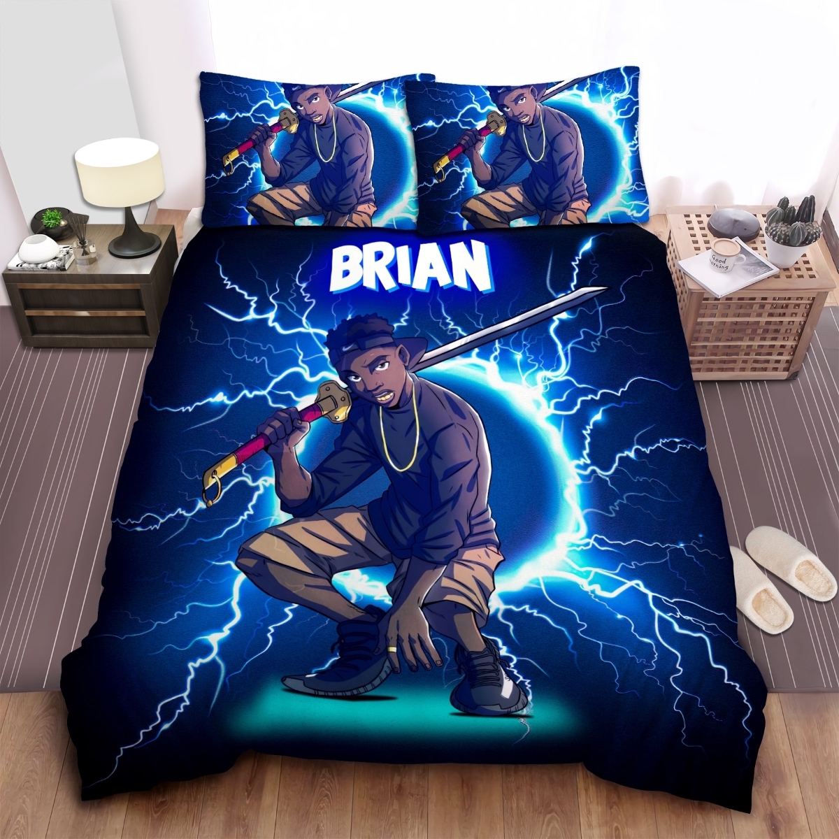 Cool Black Boy Swort Afro Boy Custom Name Duvet Cover Bedding Set - Unique Anime Apparel for Fans