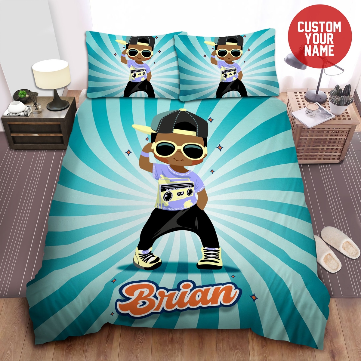 Cool Hiphop Black Baby Boy Dancing Wearing Sunglasses Afro Boy Custom Name Duvet Cover Bedding Set - Unique Anime Apparel for Fans