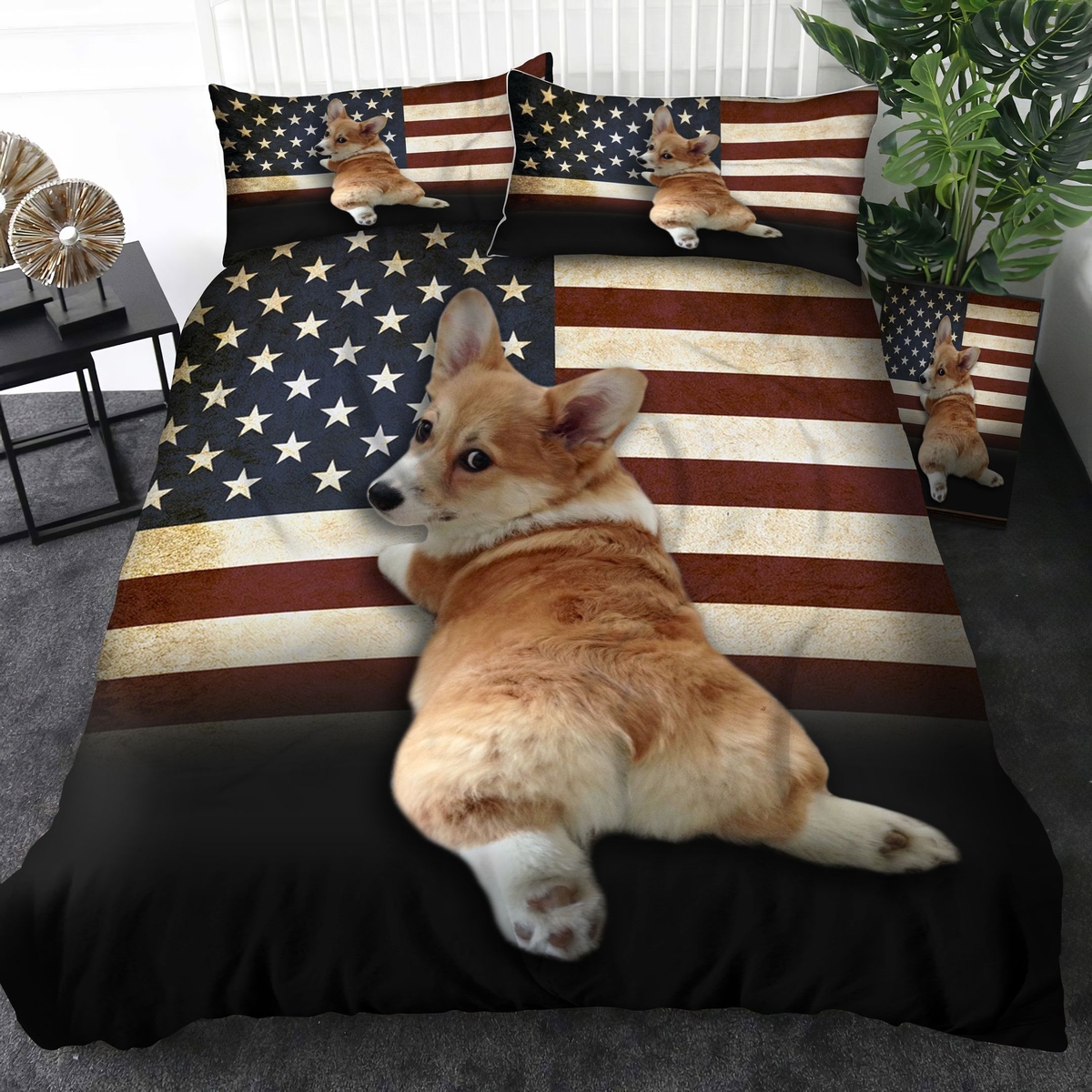 Corgi Dog And American Flag Bedding Set Bed Sheets Spread Duvet Cover Bedding Set - Unique Anime Apparel for Fans