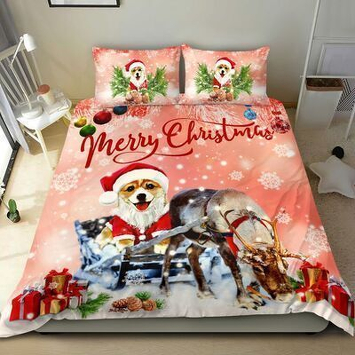 Corgi Merry Christmas Bed Sheets Spread Duvet Cover Bedding Set - Unique Anime Apparel for Fans