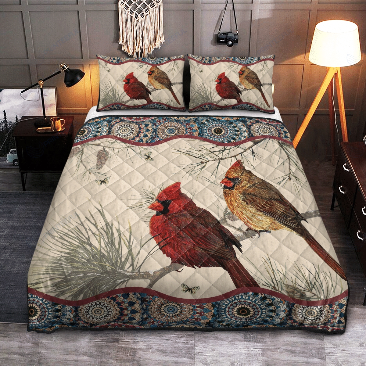 Couples Cardinals Mandala Quilt Bedding Set - Unique Anime Apparel for Fans