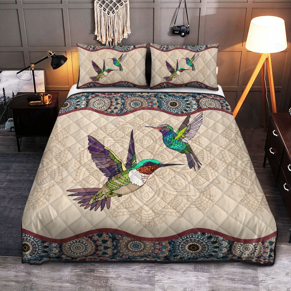 Couples Hummingbird Mandala Quilt Bedding Set - Unique Anime Apparel for Fans