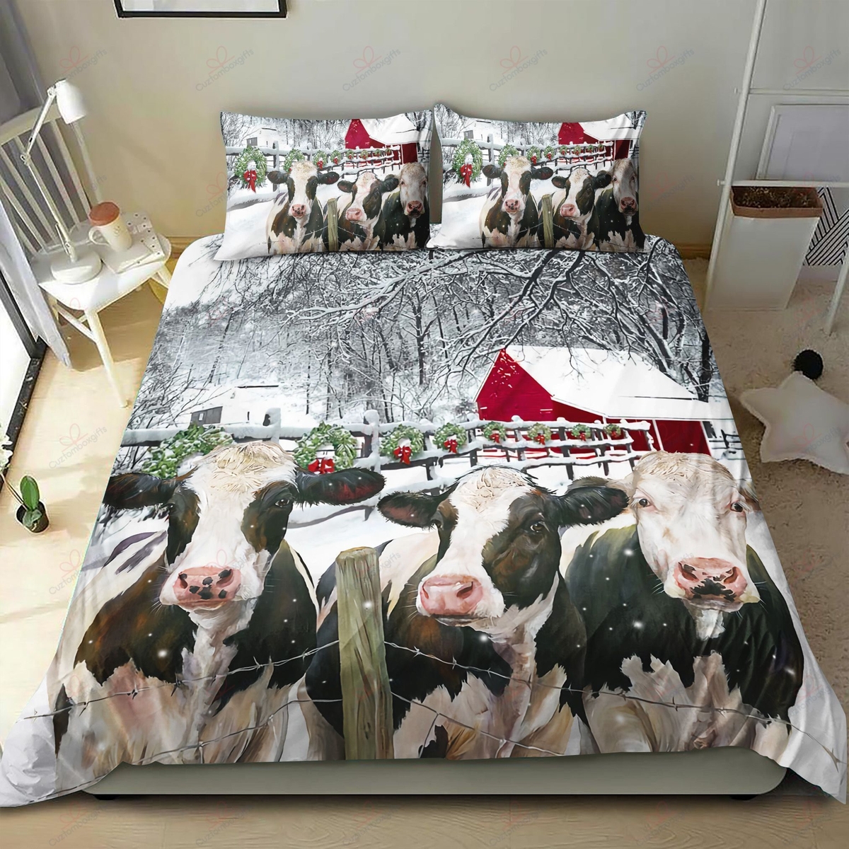Cow And Snow Christmas Bedding Set Bed Sheets Spread Duvet Cover Bedding Set - Unique Anime Apparel for Fans