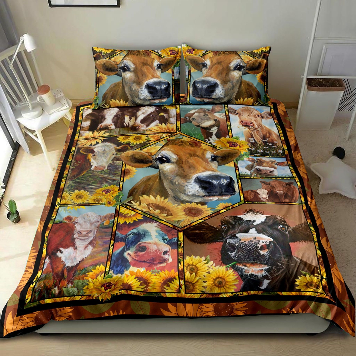 Cow And Sunflower Bedding Set Bed Sheets Spread Duvet Cover Bedding Set - Unique Anime Apparel for Fans